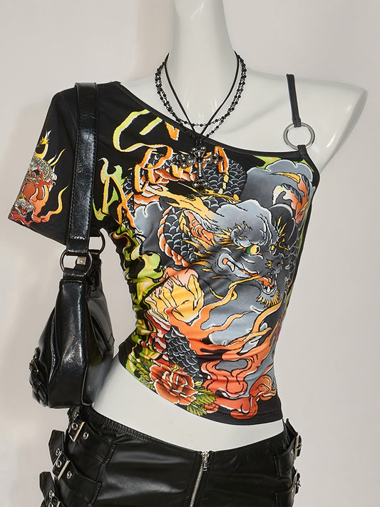 Y2K-Inspired Off-Shoulder Bold Dragon Print, Red & Black Shirt