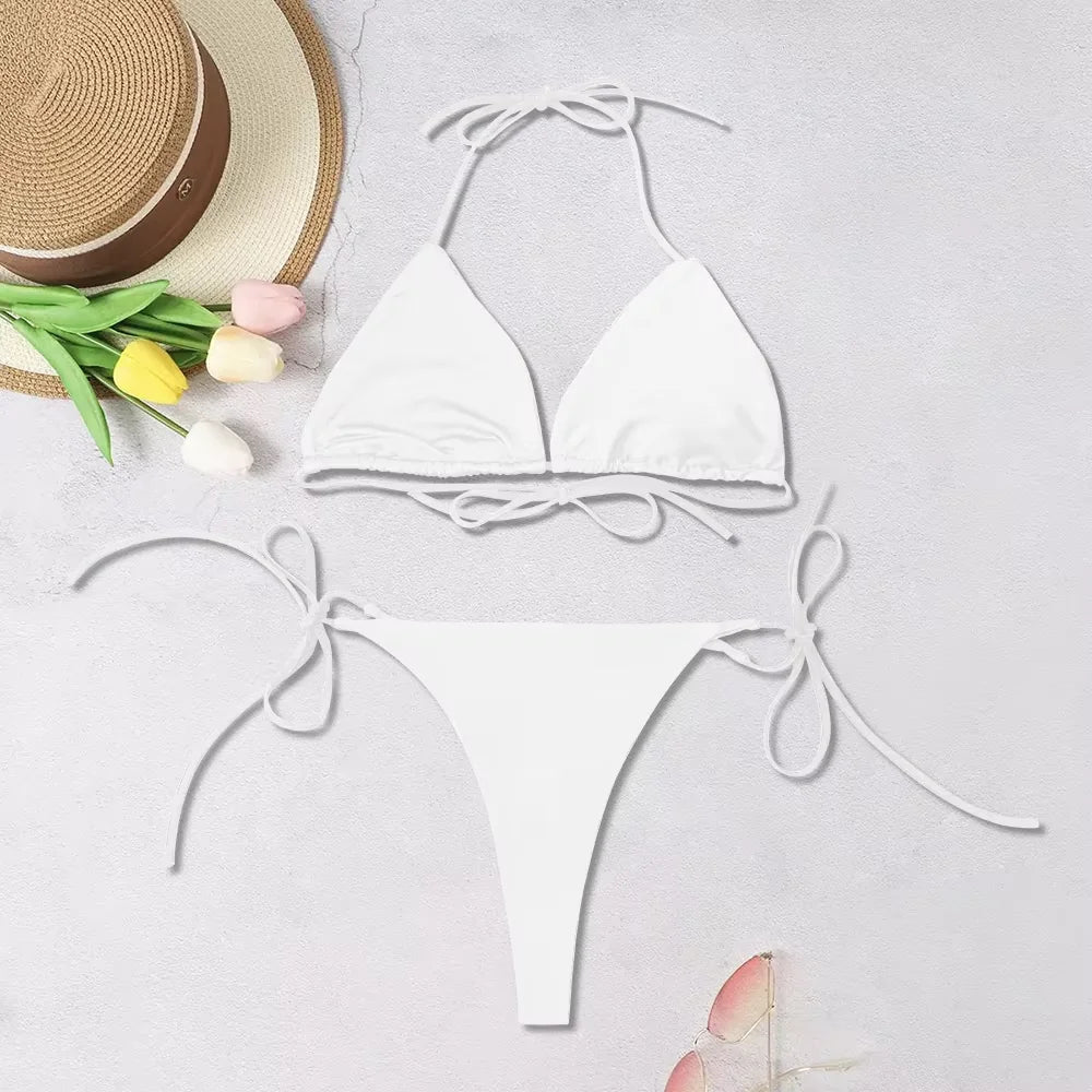 Women's Solid-Color Halter Three-point Backless Adjustable Bikini