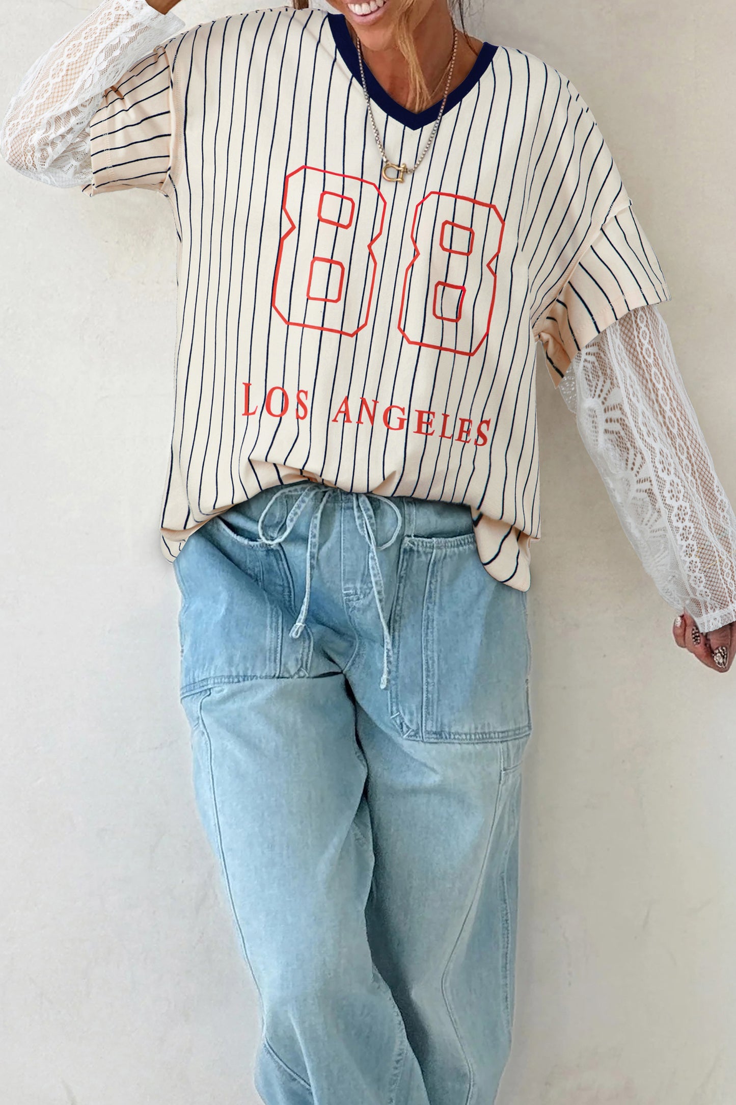 Blue Stripe 88 LOS ANGELES Graphic Lace Patchwork Faux Two Piece V Neck Top