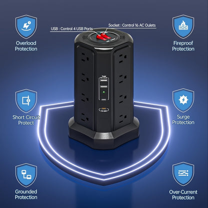 LEVEL 4 Upgraded 16 AC Outlets Power Strip Tower with USB/USB C Port