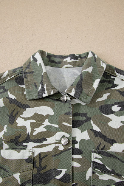 Green Camo Chest Pockets Loose Jean Jacket