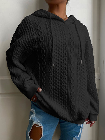 Plus Size Women's Solid Ribbed Long Sleeve Hoodie - Slight Stretch Drawstring Sweatshirt