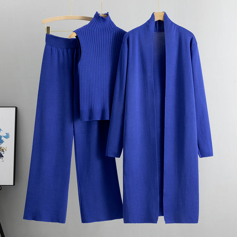 3pcs Women's Sleeveless Vest Sweater Long Cardigan And Wide-leg Pants Set
