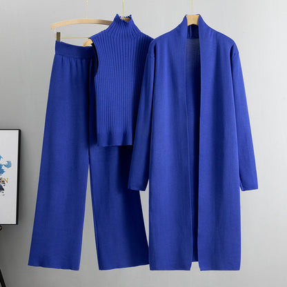 3pcs Women's Sleeveless Vest Sweater Long Cardigan And Wide-leg Pants Set