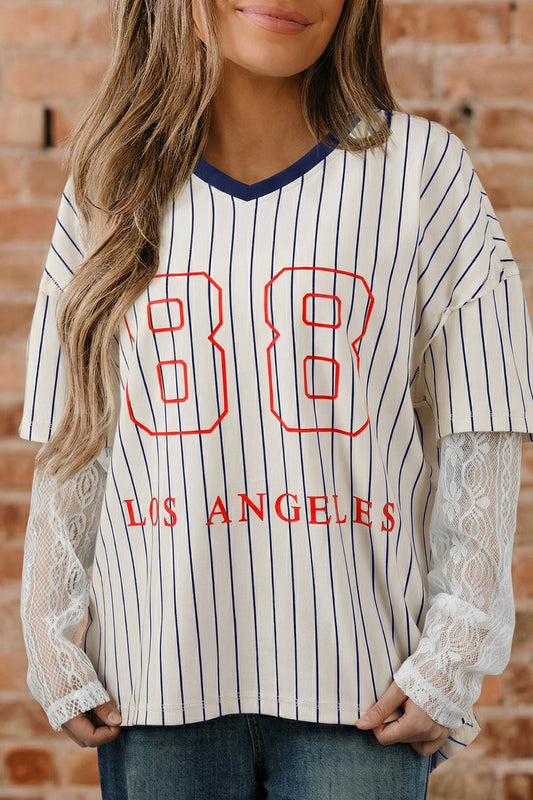 Blue Stripe 88 LOS ANGELES Graphic Lace Patchwork Faux Two Piece V Neck Top