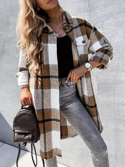 Stylish Plaid Print Womens Long Jacket - Relaxed Casual Button Front with Flap PocketsSl