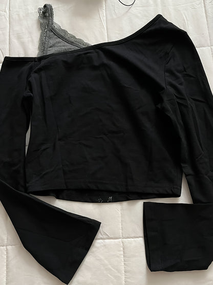 Y2K Off-Shoulder Long Sleeve T-Shirt with Sun,Moon and Stars