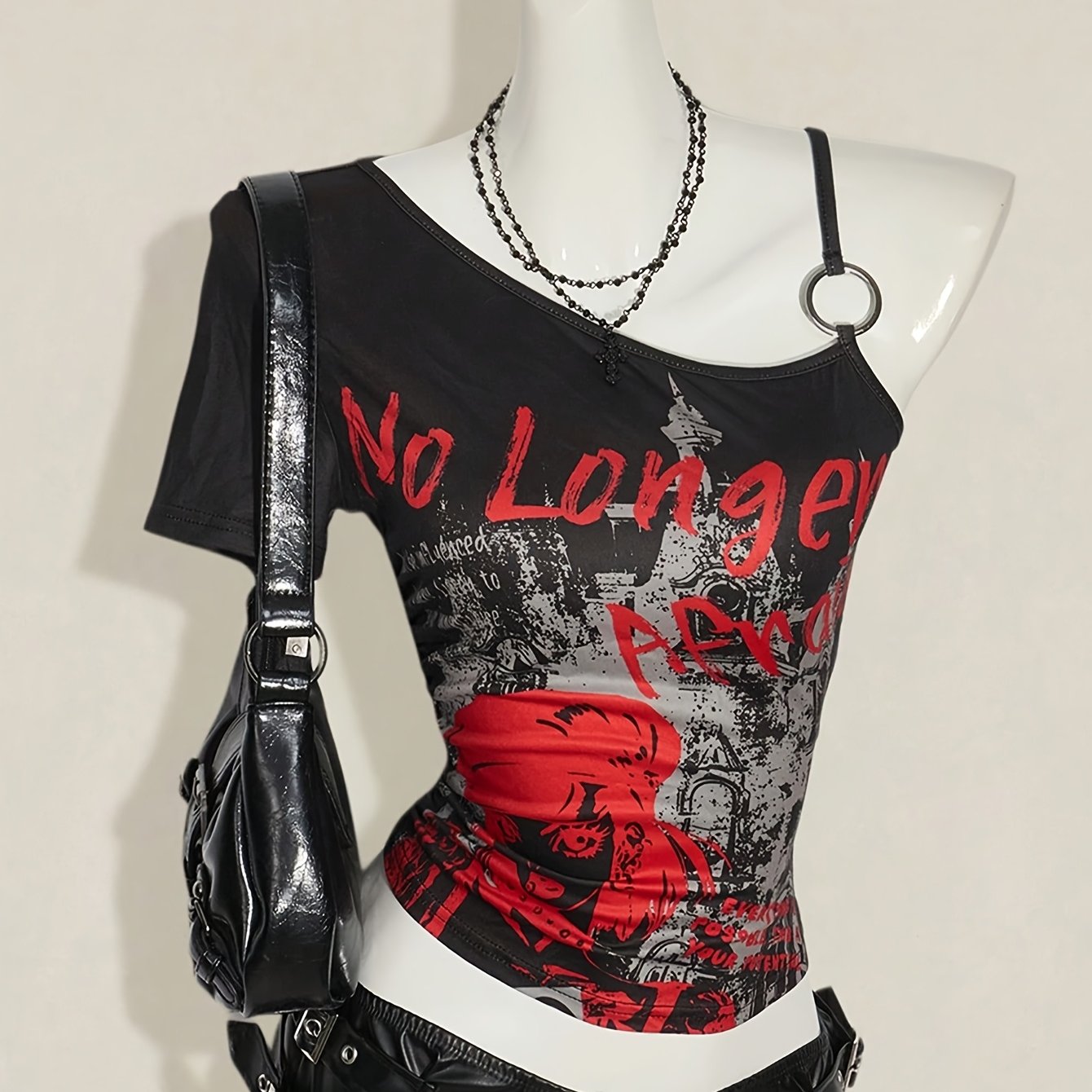 Y2K-Inspired Off-Shoulder Bold Dragon Print, Red & Black Shirt