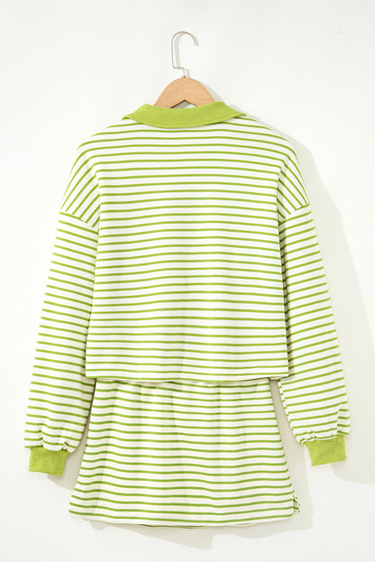 2pcs Green Stripe Collared V Neck Drop Shoulder Pullover and Skort Outfit