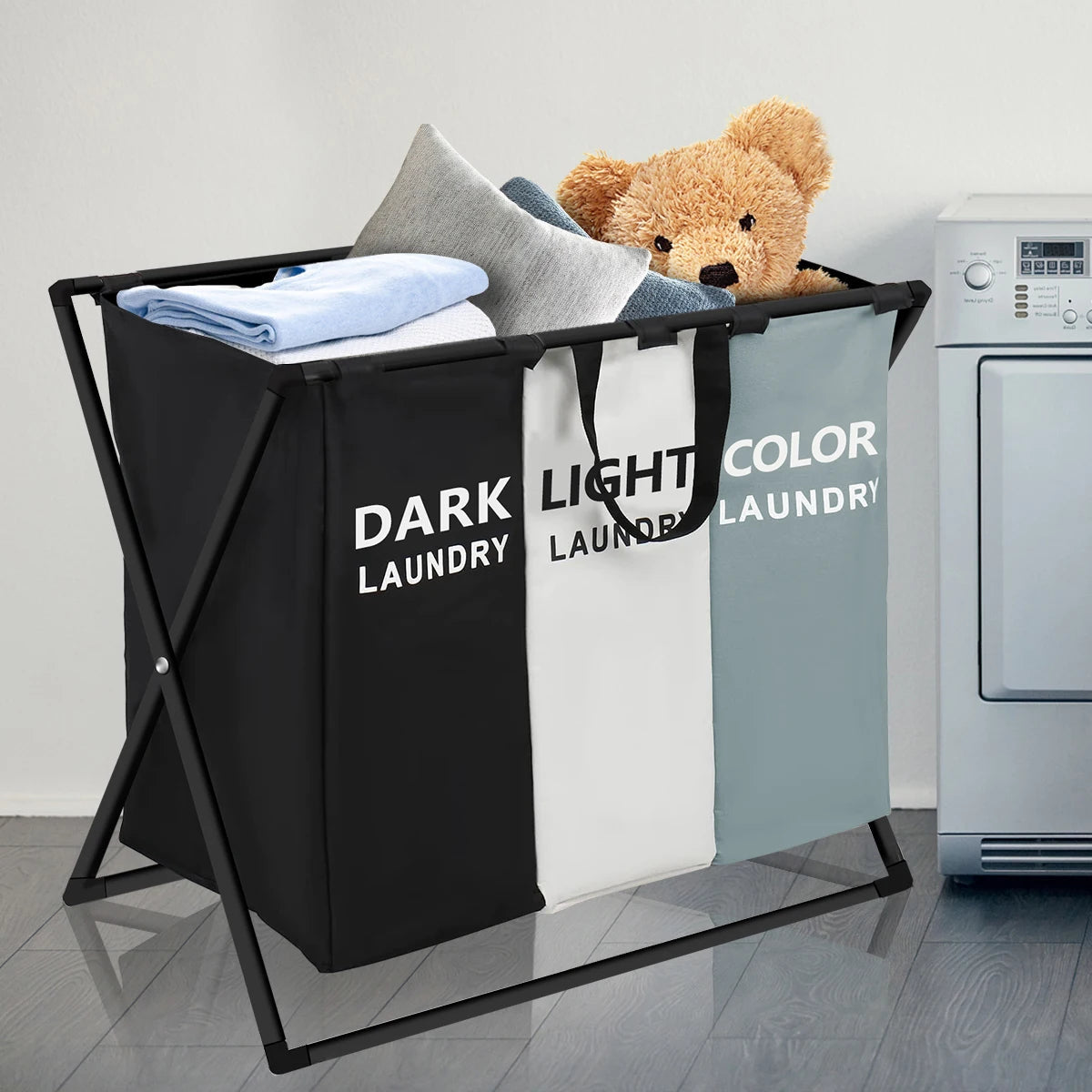 3 Sections Divided Laundry Basket Large Foldable Hamper