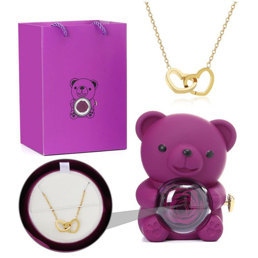 Double Engraved Heart and Simple Rose Necklace Gift