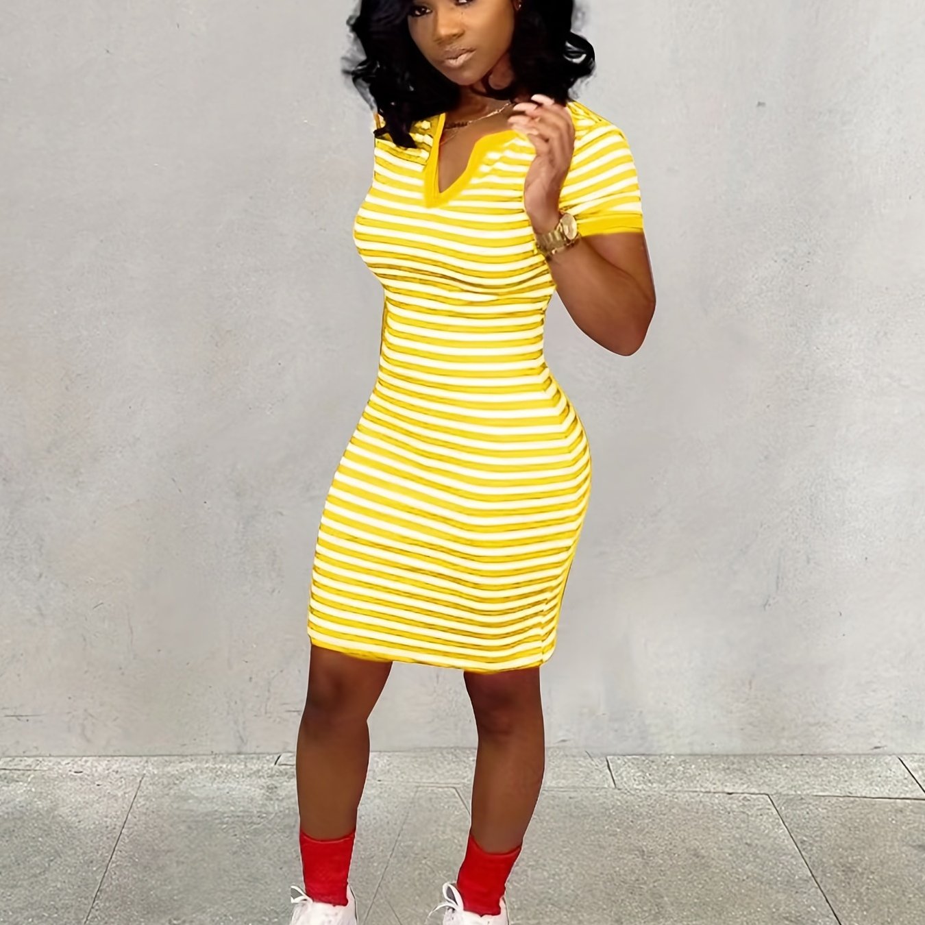 Women's Striped Bodycon Notched Neck Dress