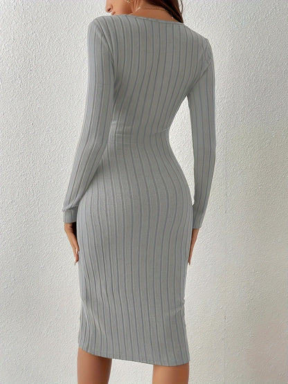 Solid Color Ribbed Knit Bodycon Dress with a French Square Neckline