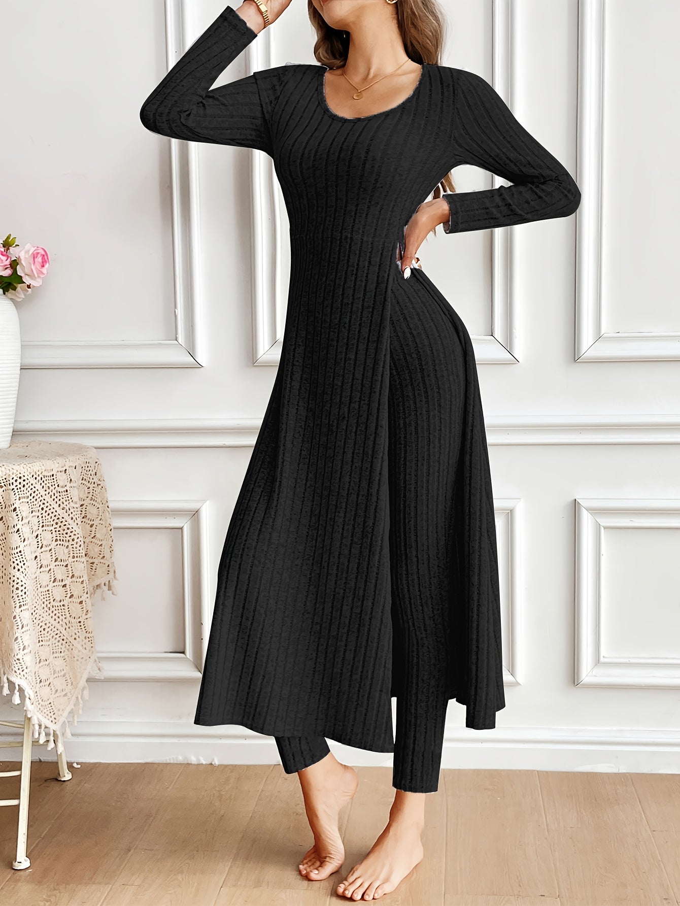Ribbed Two-Piece  Long-Sleeved Top and Pants Set