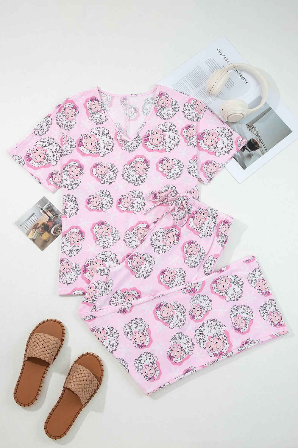 2pcs Pink Santa Claus Print V Neck Tee Drawstring Pants Lounge Set