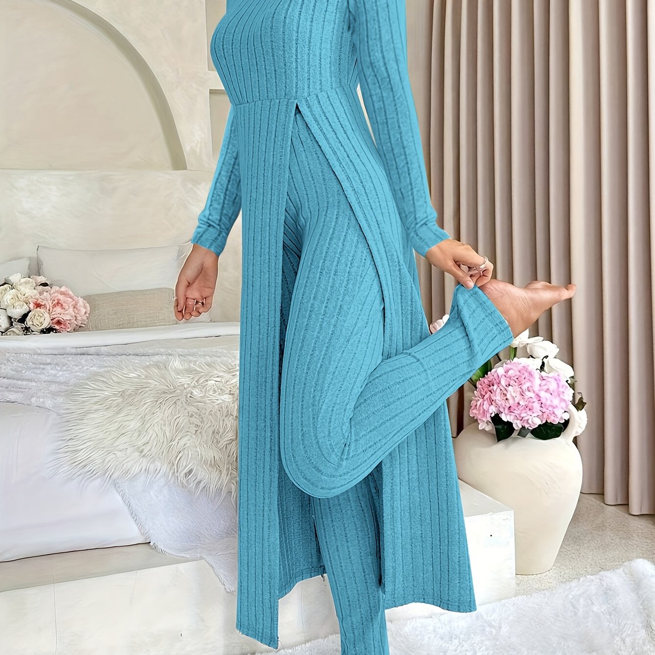 Ribbed Two-Piece  Long-Sleeved Top and Pants Set