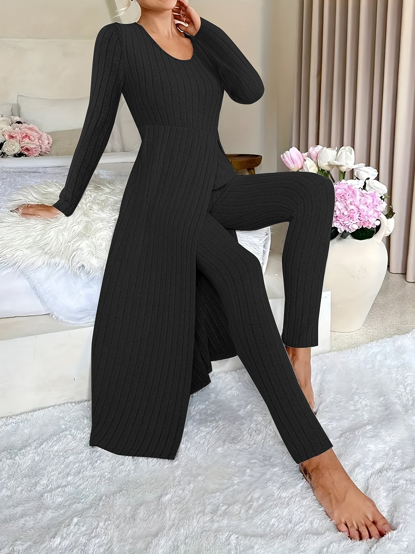 Ribbed Two-Piece  Long-Sleeved Top and Pants Set