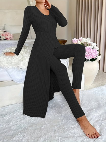 Ribbed Two-Piece  Long-Sleeved Top and Pants Set