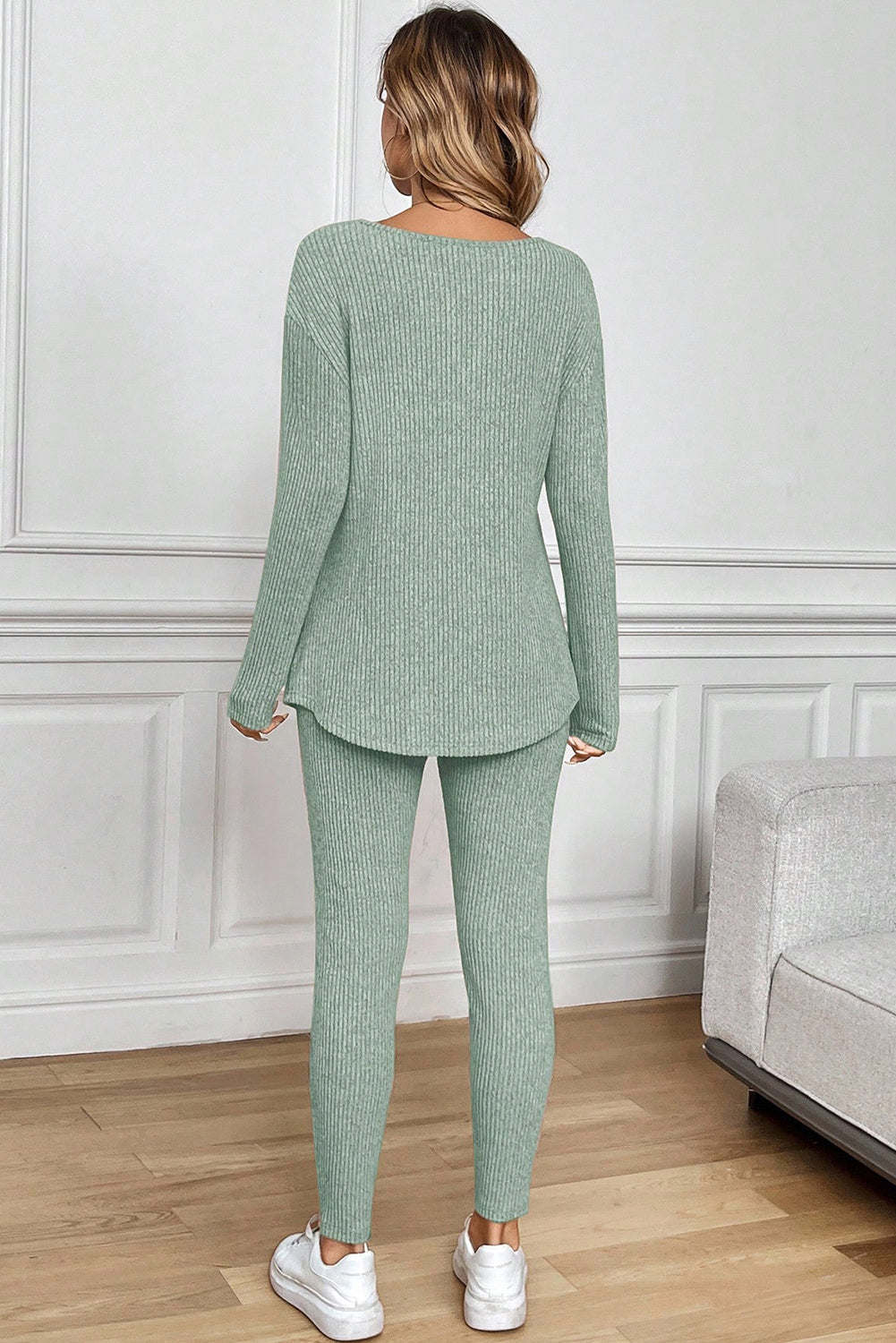 2pcs Grass Green Ribbed Notched Neck Knit Long Sleeve Leggings Lounge Set