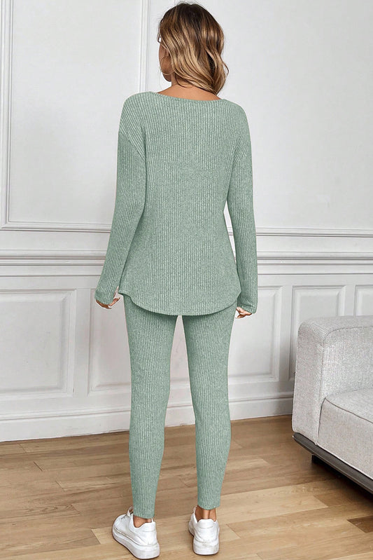 2pcs Grass Green Ribbed Notched Neck Knit Long Sleeve Leggings Lounge Set