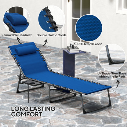 Outdoor Telescopic Folding Chair With 5-Level Adjustable Back, Side Table, Pillow, Pocket, Dark Blue