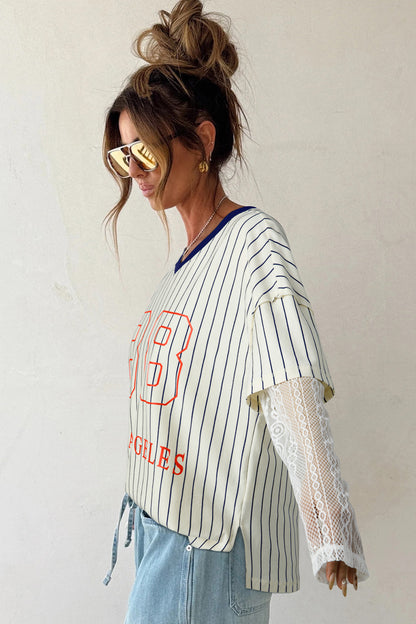 Blue Stripe 88 LOS ANGELES Graphic Lace Patchwork Faux Two Piece V Neck Top