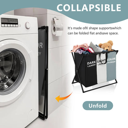 3 Sections Divided Laundry Basket Large Foldable Hamper