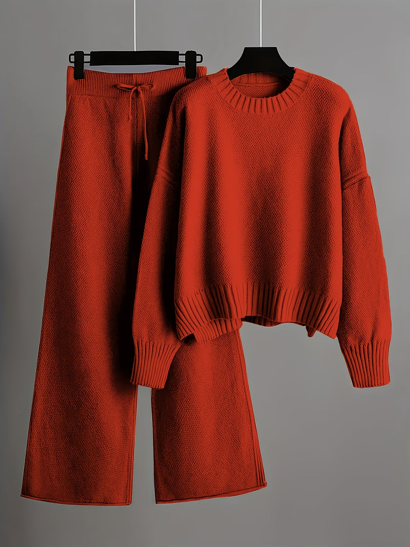 2pcs Women's Soft Casual Elegant Round Neck Sweater & Wide-Leg Pants Set