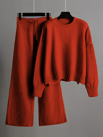 2pcs Women's Soft Casual Elegant Round Neck Sweater & Wide-Leg Pants Set