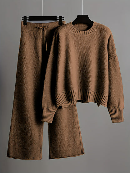 2pcs Women's Soft Casual Elegant Round Neck Sweater & Wide-Leg Pants Set