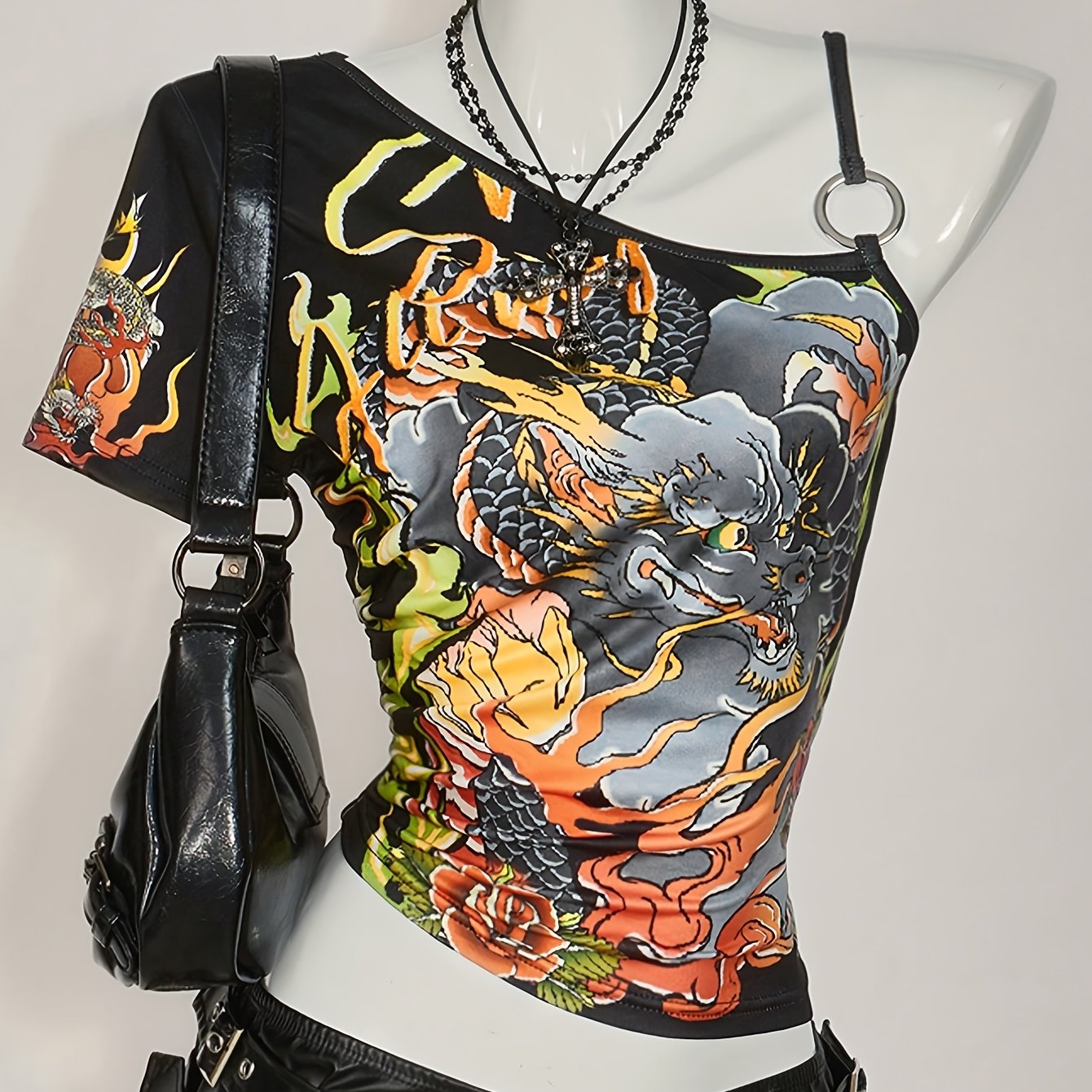 Y2K-Inspired Off-Shoulder Bold Dragon Print, Red & Black Shirt
