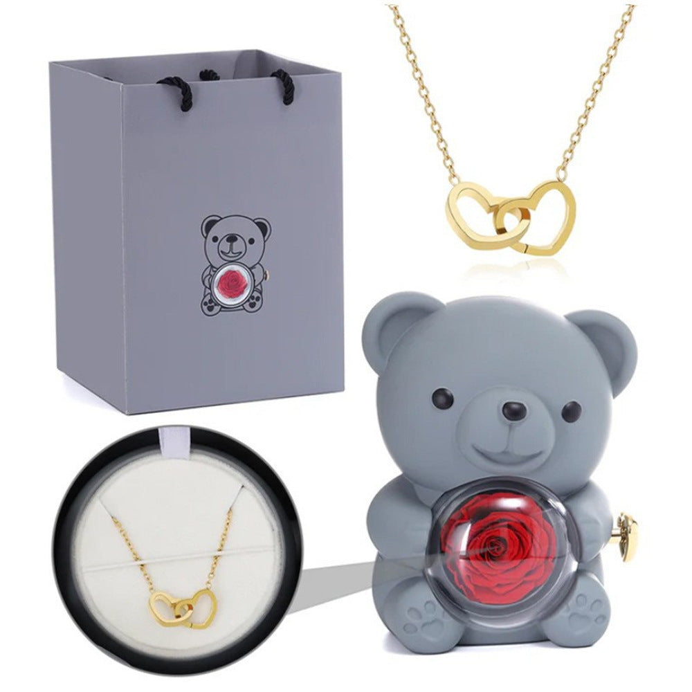 Double Engraved Heart and Simple Rose Necklace Gift