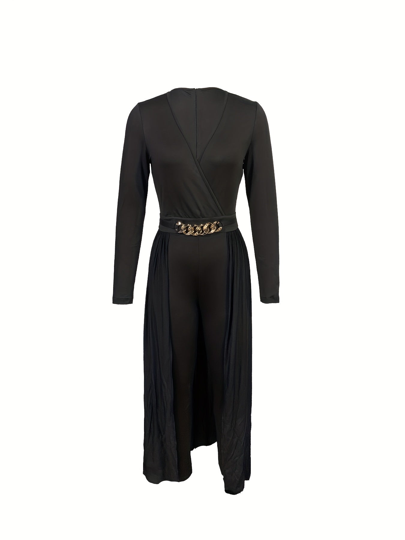 Women's Stylish Black Lace Jumpsuit with Deep V-Neck and Golden Belt