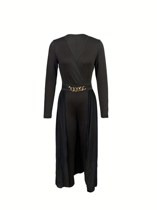 Women's Stylish Black Lace Jumpsuit with Deep V-Neck and Golden Belt