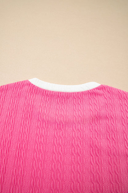 2pcs Bright Pink Textured Color Block Trim Loose Tee Drawstring Shorts Set