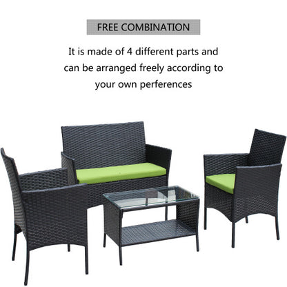 4 PCS Rattan Green Cushion Outdoor Patio Furniture Set