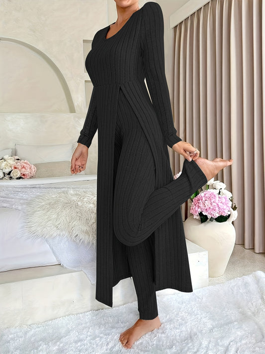 Ribbed Two-Piece  Long-Sleeved Top and Pants Set