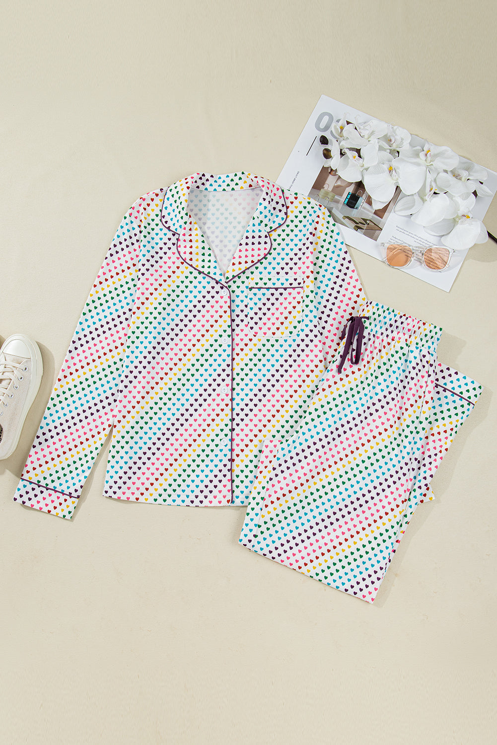 2pcs White Pride Heart Print Valentines Long Pajama Set