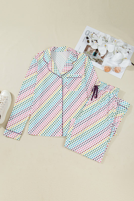 2pcs White Pride Heart Print Valentines Long Pajama Set