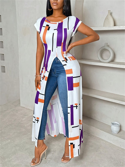 Women's Casual Patchwork Print Maxi Dress with Side Slit