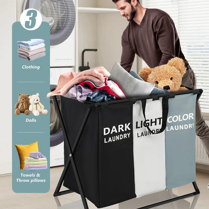 3 Sections Divided Laundry Basket Large Foldable Hamper