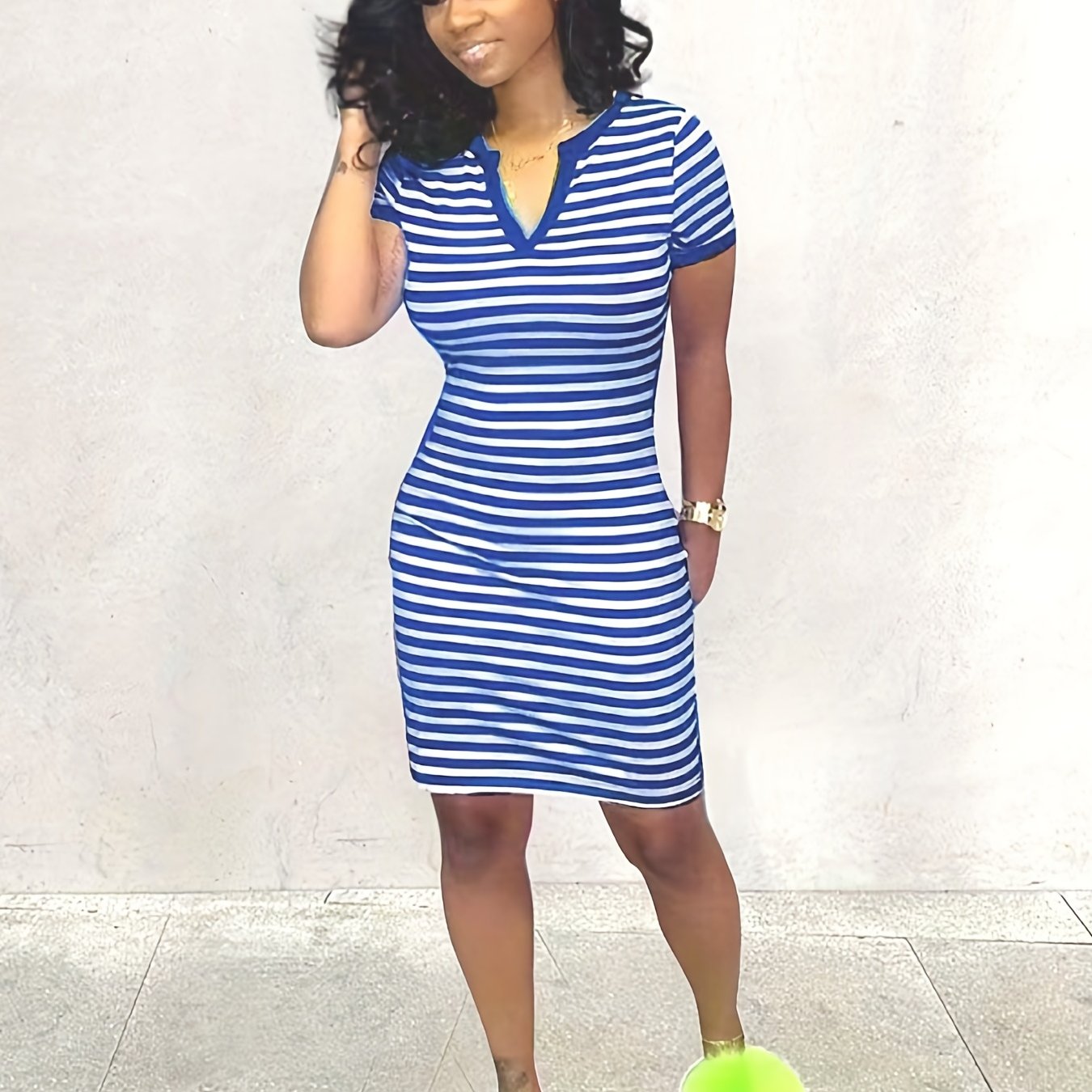 Women's Striped Bodycon Notched Neck Dress