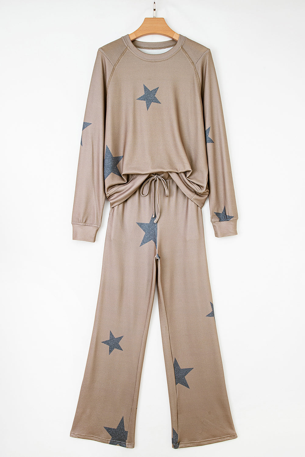 2pcs Khaki Retro Star Print Loose Long Sleeve Drawstring Wide Leg Lounge Set