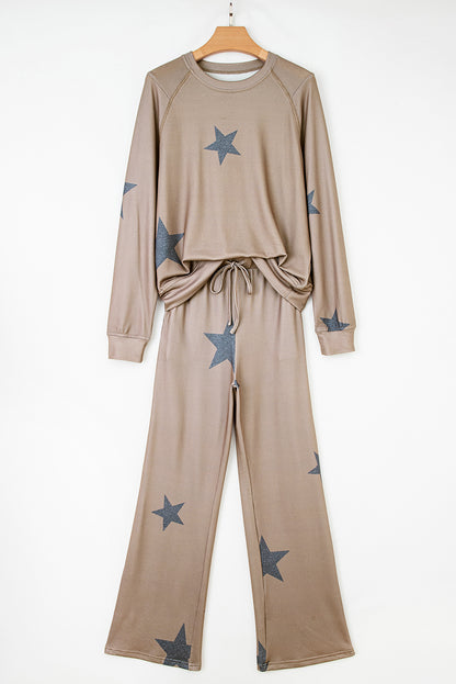 2pcs Khaki Retro Star Print Loose Long Sleeve Drawstring Wide Leg Lounge Set
