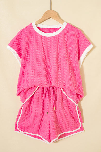 2pcs Bright Pink Textured Color Block Trim Loose Tee Drawstring Shorts Set
