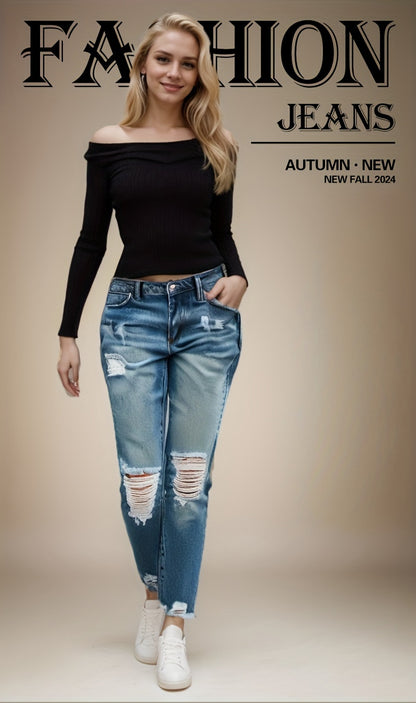 Comfortable Ripped Distressed Stretchy Boyfriend Jeans for Women