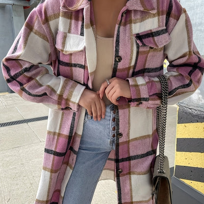 Stylish Plaid Print Womens Long Jacket - Relaxed Casual Button Front with Flap PocketsSl