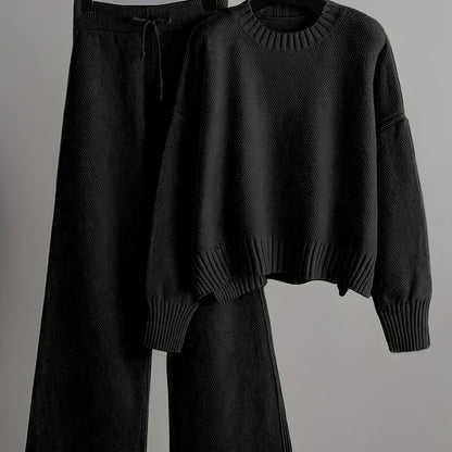 2pcs Women's Soft Casual Elegant Round Neck Sweater & Wide-Leg Pants Set