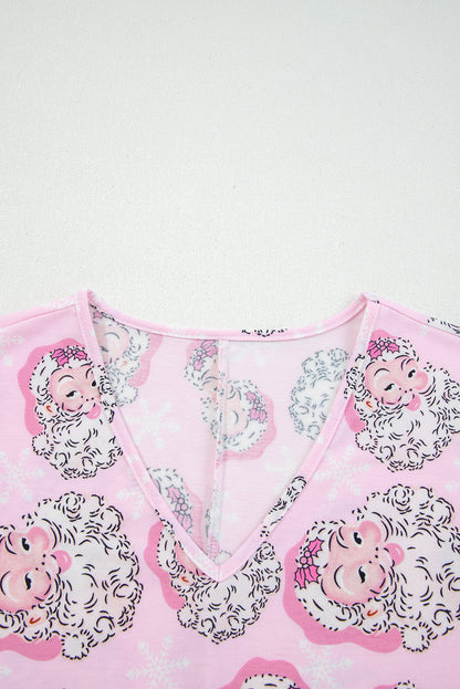 2pcs Pink Santa Claus Print V Neck Tee Drawstring Pants Lounge Set