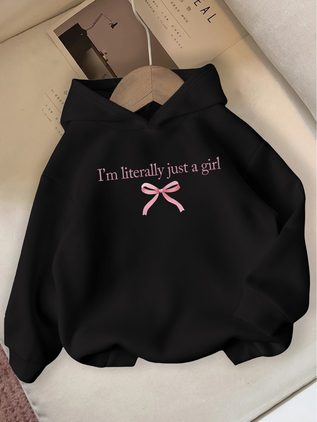 Girls' Autumn/Winter Hooded Sweatshirt  with "I'm Literally Just a Girl" Print & Pink Bow
